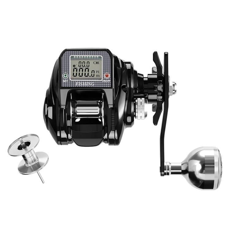 Black baitcasting reel with digital line display and crank handle, silver spool knobs