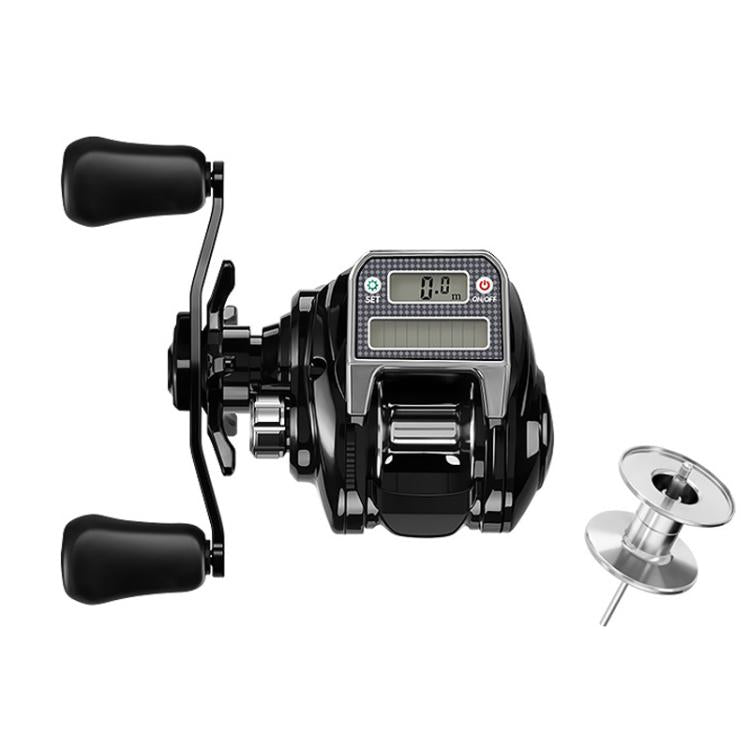 Black baitcasting reel with digital line display, dual crank handles, silver spool knobs