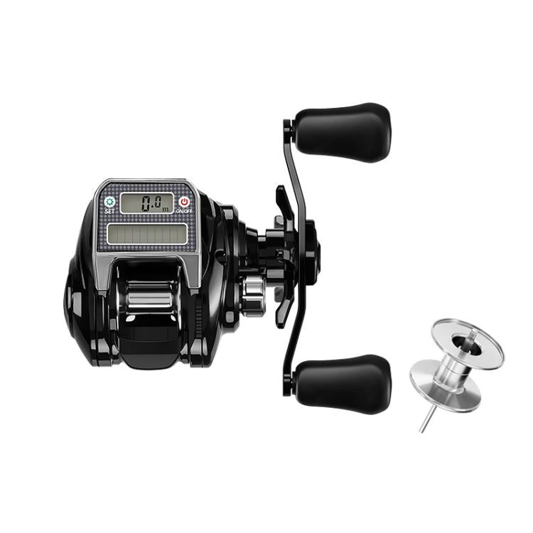 Black baitcasting reel with digital display, dual handles and silver star spool