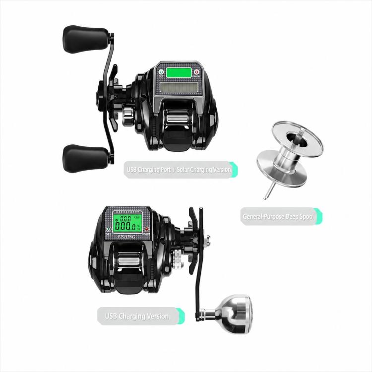 Black baitcasting reel with digital display, USB and solar charging versions shown