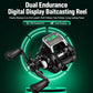 Black digital display baitcasting reel with green glowing charging ring
