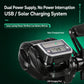 Black baitcasting reel with solar charging panel and USB charging port, digital screen