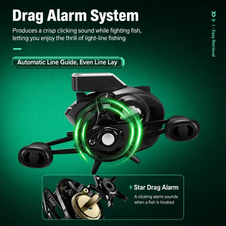 Black baitcasting reel with digital screen and green drag-alarm light effects