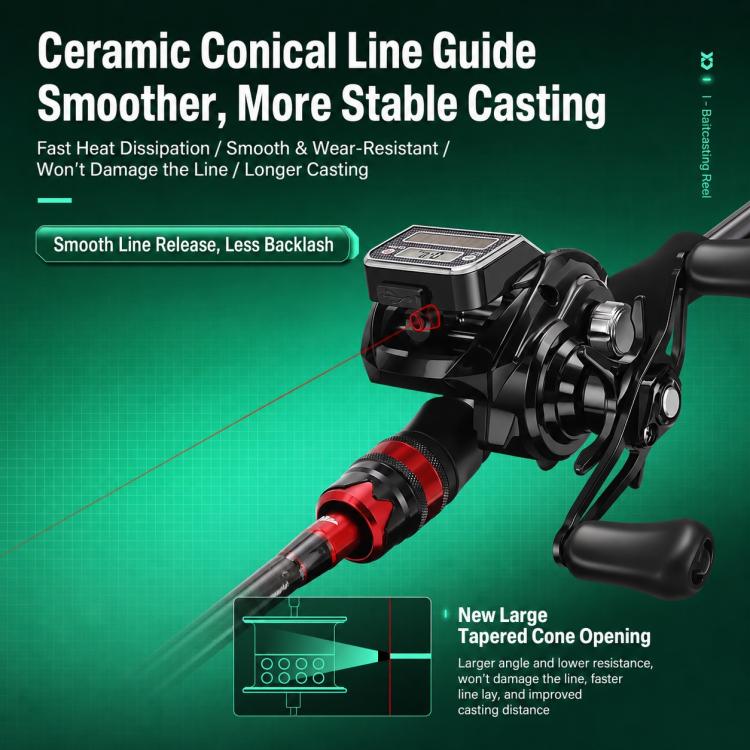 Black baitcasting reel with digital screen and red ceramic line guide cone