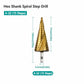 Gold hex shank spiral step drill bit with stepped flutes and visible size markings