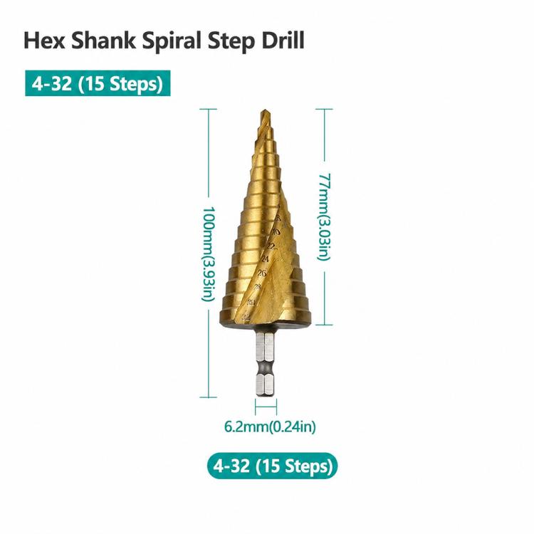 Gold hex shank spiral step drill bit with stepped flutes and visible size markings