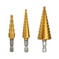 Set of three gold hex shank step drill bits with numbered steps and silver tool shanks