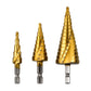 Three gold hex shank spiral step drill bits with numbered steps and silver cutting shanks