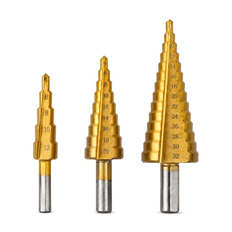 Three gold hex shank step drill bits with straight flutes and numbered step sizes