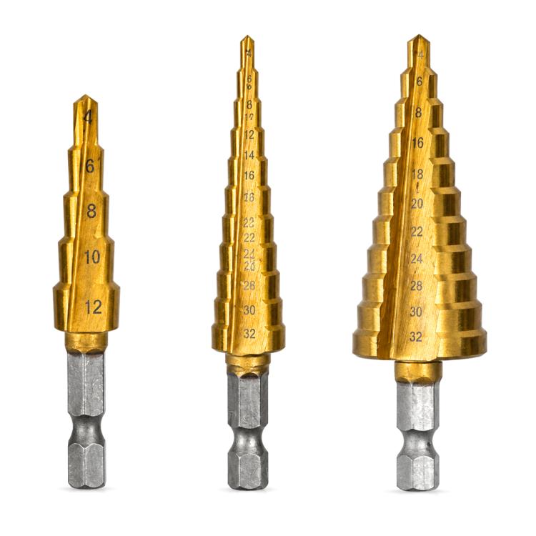 Three gold hex shank step drill bits with numbered steps and silver hex shanks