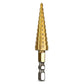 Gold hex shank step drill bit with numbered steps and silver cutting tip