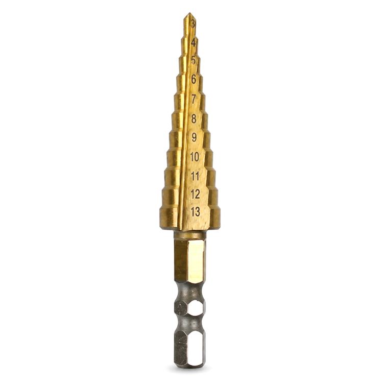 Gold hex shank step drill bit with numbered steps and silver cutting tip