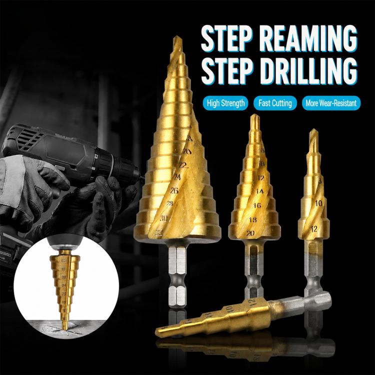 Gold hex shank step drill bits set with stepped spiral teeth and silver shanks
