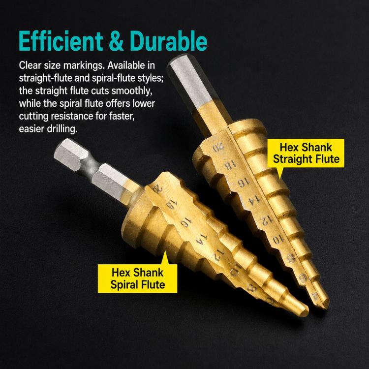 Two gold hex shank step drill bits with straight flutes and numbered step markings