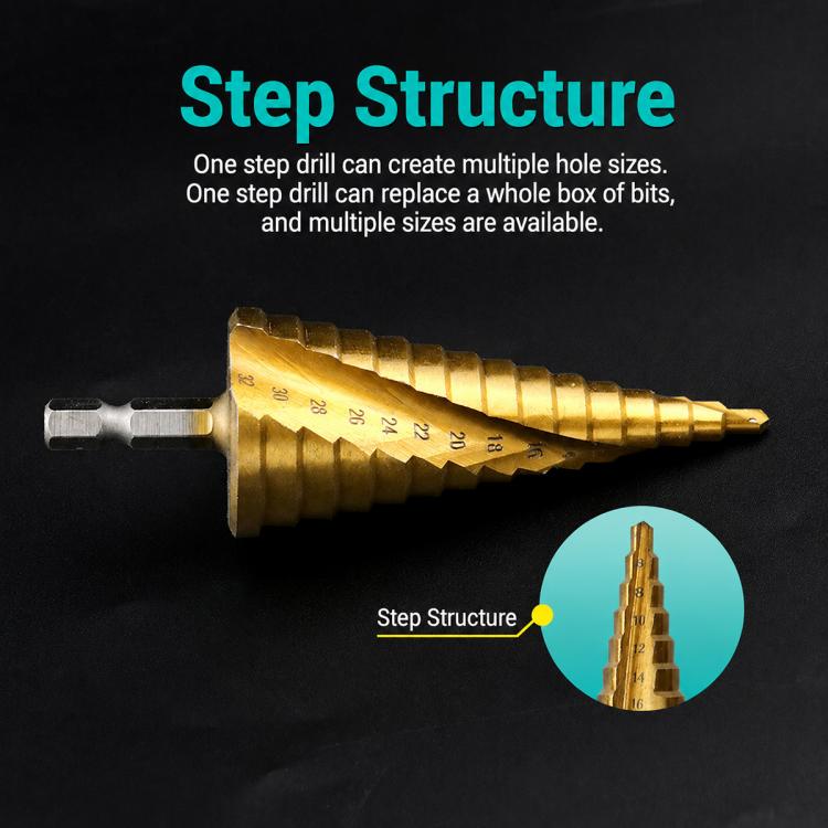 Gold hex shank step drill bit with stepped profile and numbered size markings