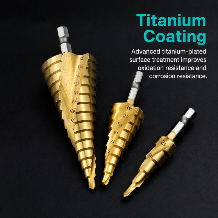Gold step drill bit set with hex shanks; three spiral fluted sizes