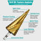 Gold step drill bit with universal hex shank and spiral flutes, laser markings