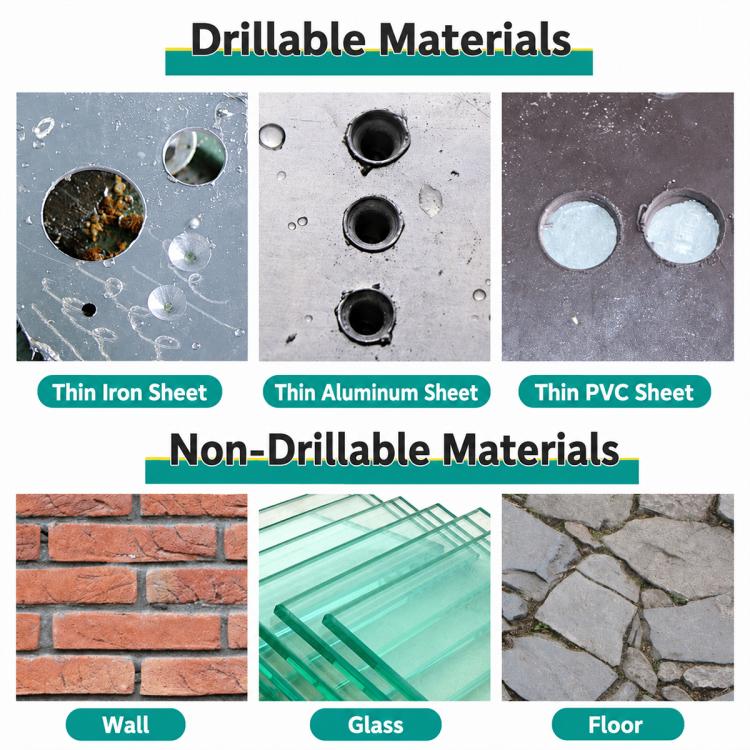 Infographic showing thin iron, aluminum, and PVC surfaces for step drill bits
