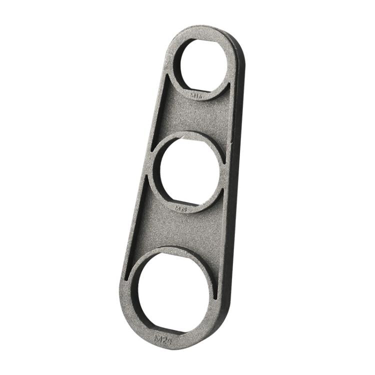 Carbon-steel faucet bubble wrench with three circular sockets, dark gray finish