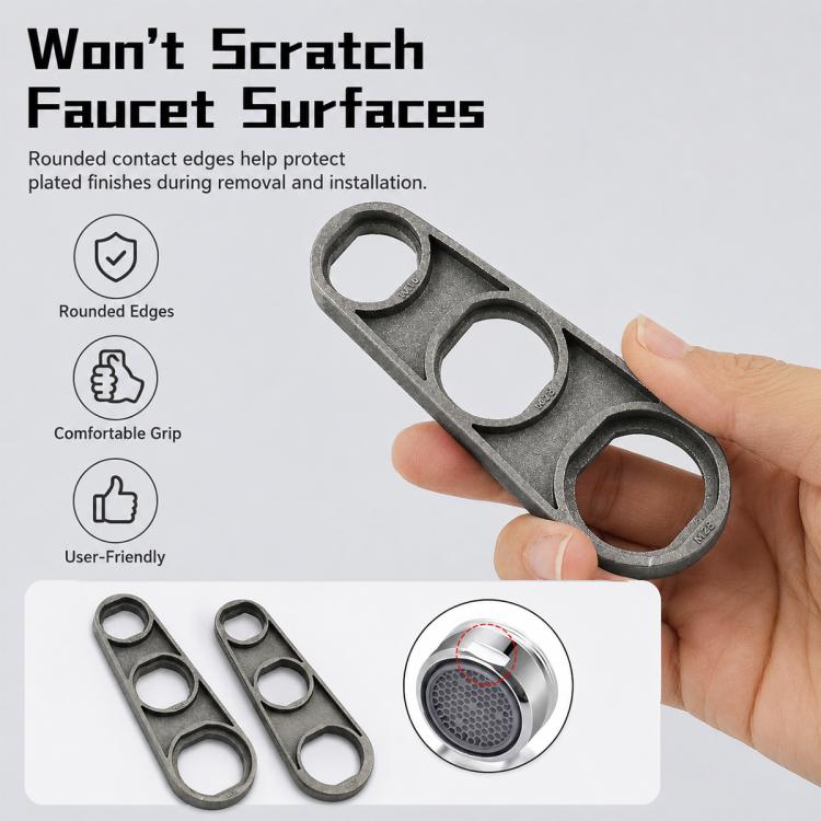 Carbon-steel faucet bubble wrench with rounded edges, three circular sockets in hand