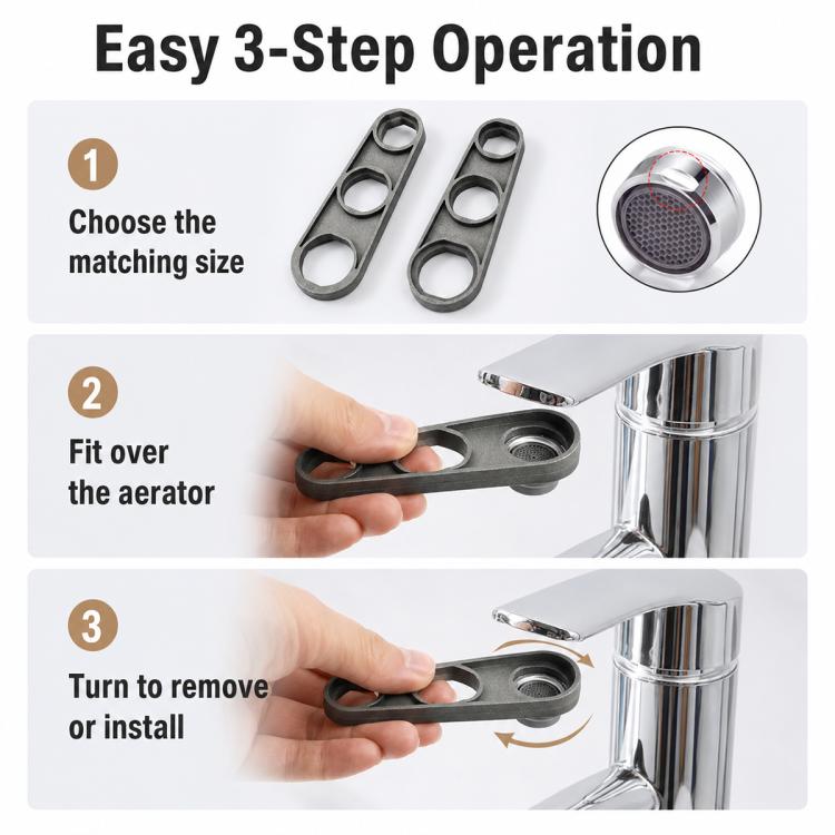 Carbon-steel faucet bubble wrench turning a faucet aerator on a chrome tap