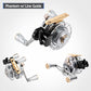 Fishing reel set showing main reel and side view with dual silver handles
