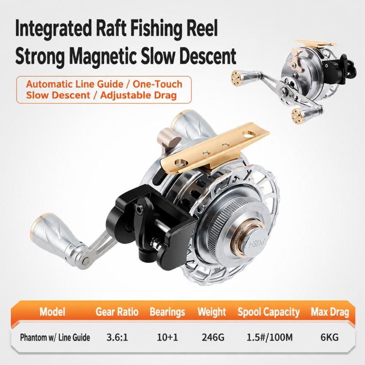 Rafter fishing reel with gold top plate, silver spool, and left-side crank handle