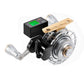 Fishing reel with digital controller box, gold top plate, and silver crank handle