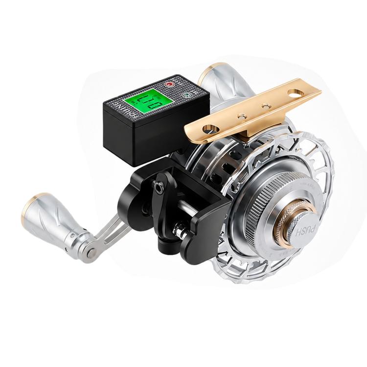 Fishing reel with digital controller box, gold top plate, and silver crank handle