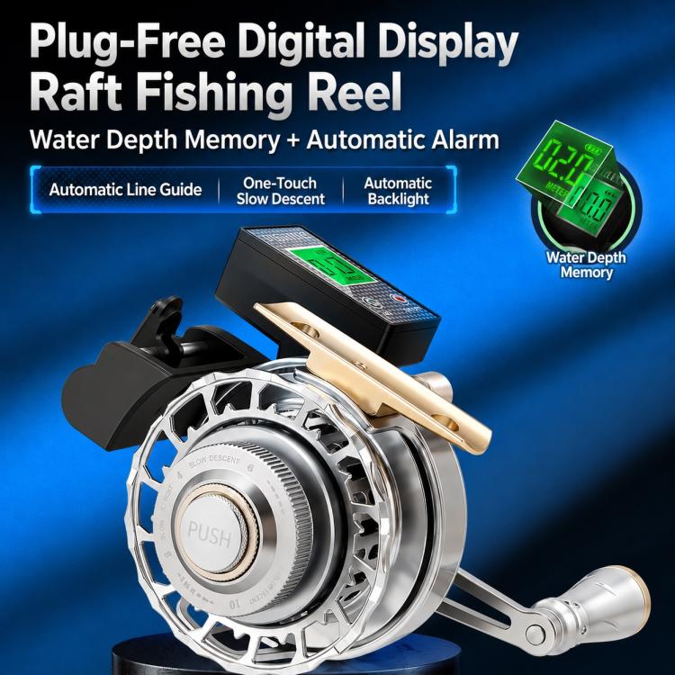 Digital rafter fishing reel with green backlit screen on black controller unit
