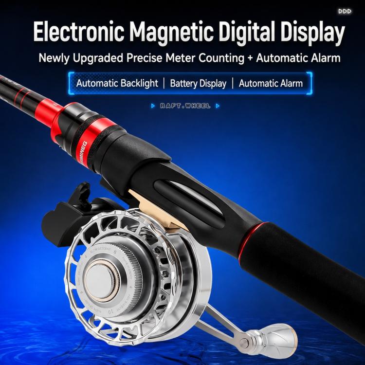 Electronic magnetic digital display reel with metal spool and green-lit screen