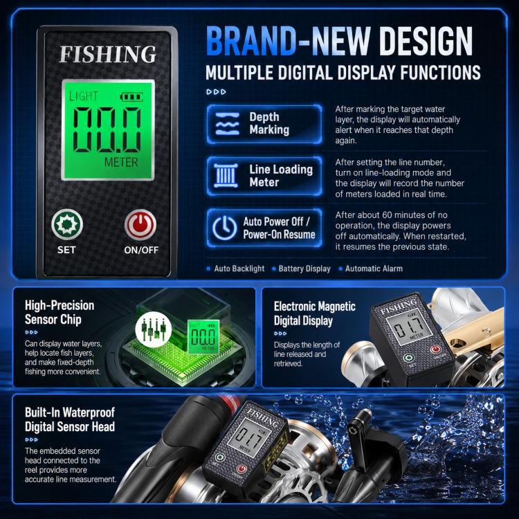 Digital fishing reel controller with green LCD, sensor panel, and display functions