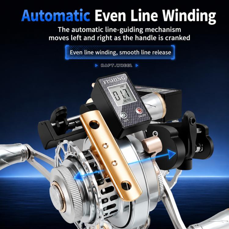 Fishing reel with automatic even line winding and digital meter display