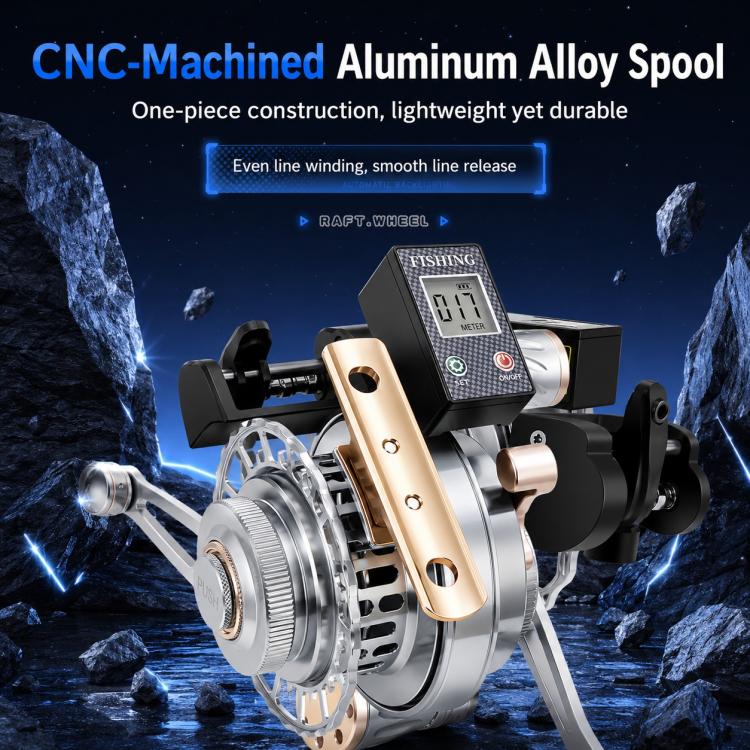Fishing reel with CNC-machined aluminum alloy spool and digital meter display
