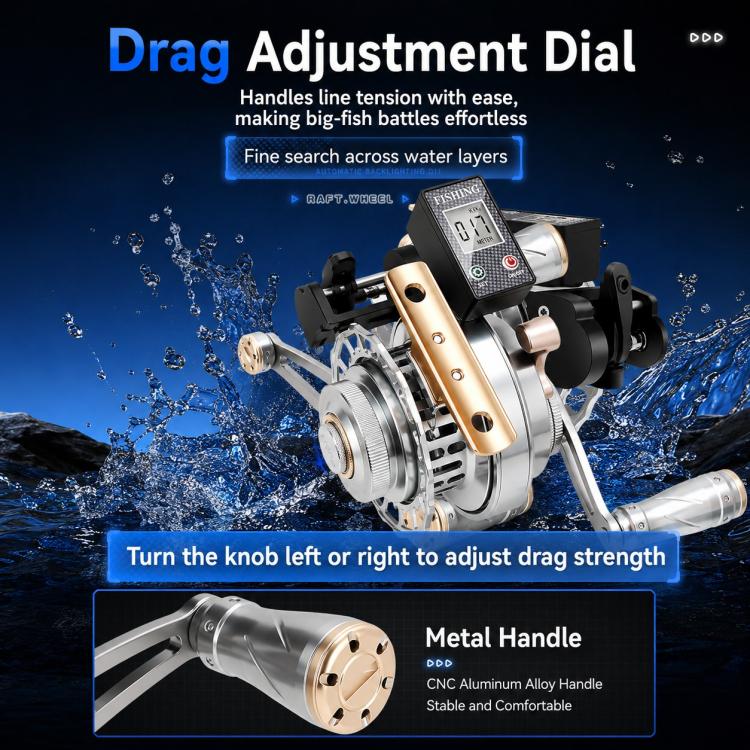Fishing reel with drag adjustment dial and metal handle, digital meter display