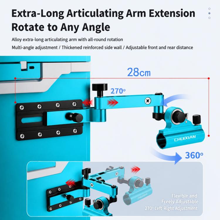 Blue aluminum articulating arm extension for corner fishing rod holder turret mount