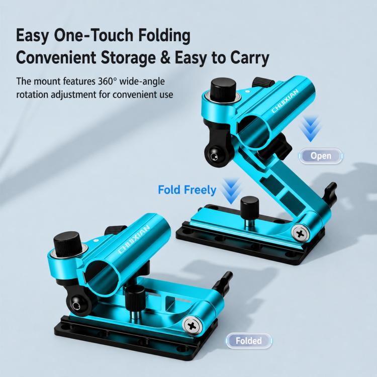 Blue folding fishing rod holder with one-touch open and closed base position