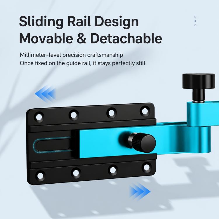 Sliding rail rod holder bracket with black mounting base and blue arm