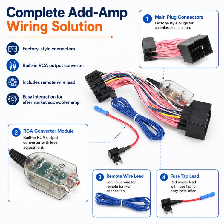Add-amp wiring harness kit with transparent RCA converter module, fuse tap, and plug connectors