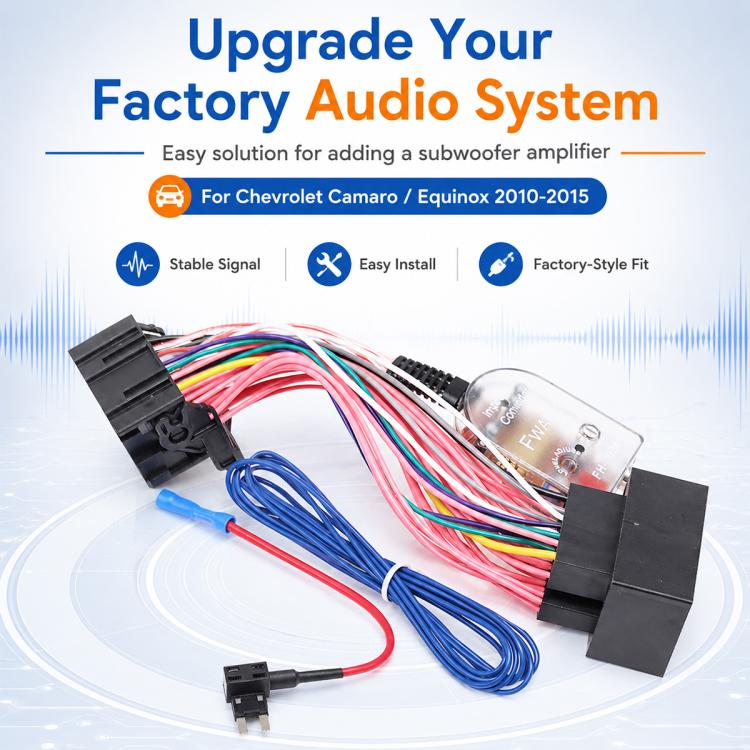 Subwoofer amplifier harness with factory-style connectors, blue/red leads, and signal module