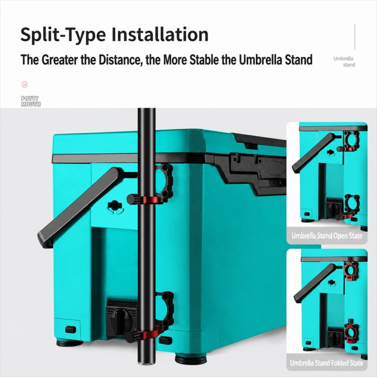 Umbrella holder mount with split-type installation, showing clamp arms on a box