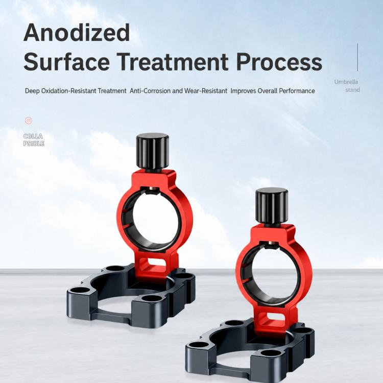 Red and black aluminum umbrella holder mount pair with anodized surface treatment