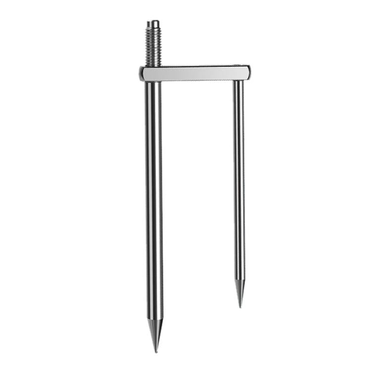 Umbrella ground stake with longer 2-prong metal pegs and threaded screw interface