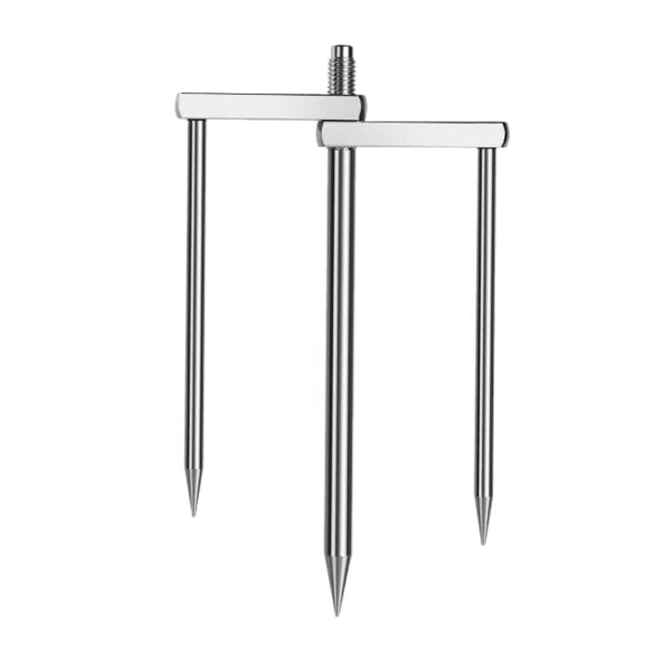 Umbrella ground stake with longer 3-prong metal pegs and threaded screw interface