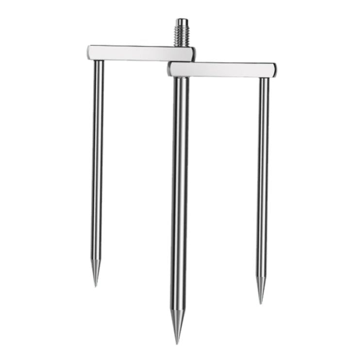 Umbrella ground stake with 3-prong metal pegs and threaded screw interface, silver