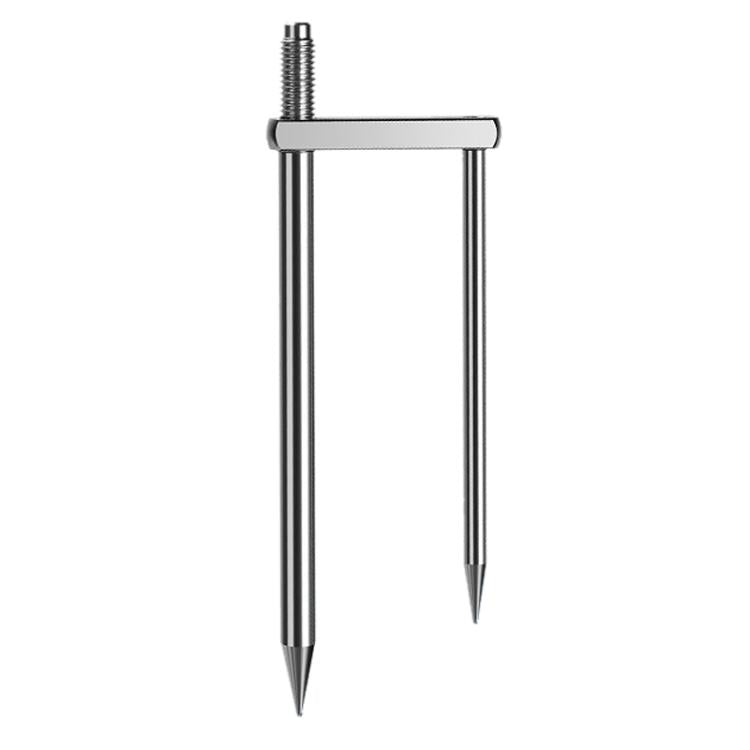 Umbrella ground stake with 2-prong metal pegs and threaded screw interface, stainless look