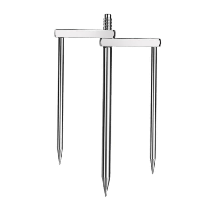 Umbrella ground stake with 3-prong metal pegs and threaded screw interface, stainless look