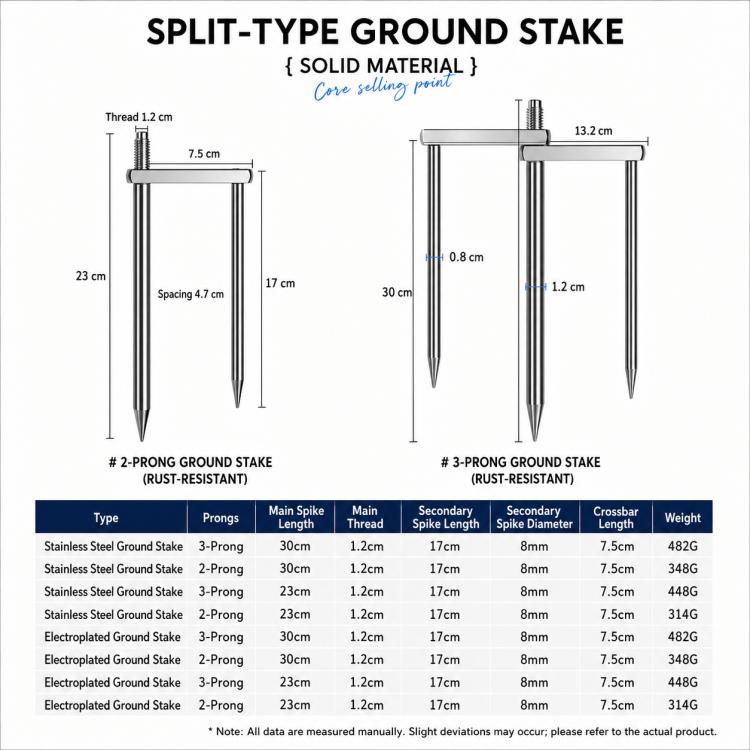 Split-type chrome-plated ground stake with 2-prong and 3-prong tips diagram