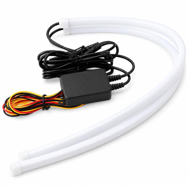 White flexible LED light strip with controller module and black power cable