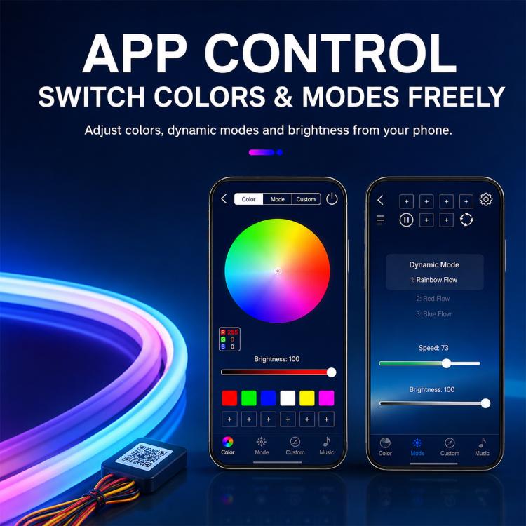 Phone app control screens for RGB colors, modes, and brightness settings